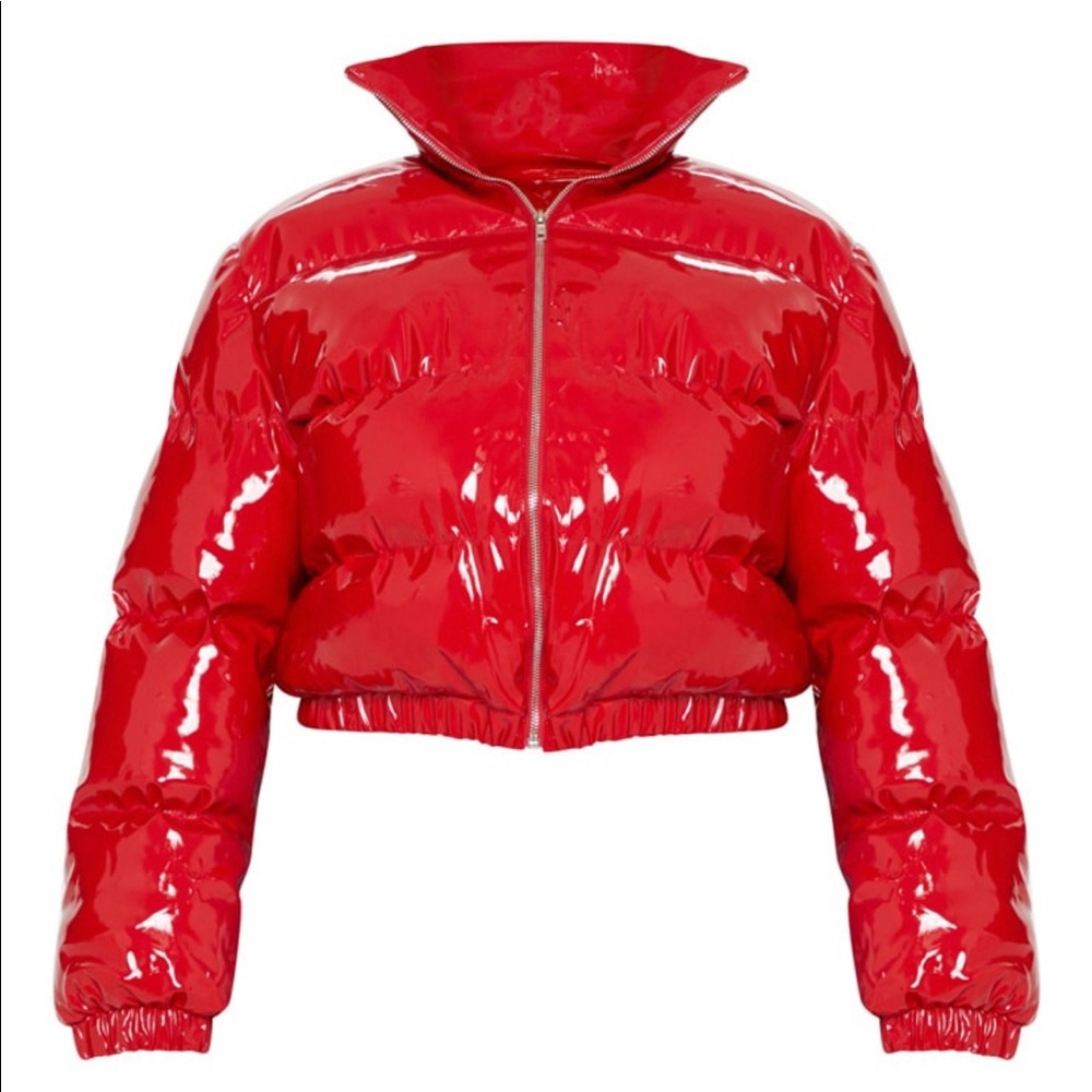 Red Cropped Vinyl Puffer Jacket